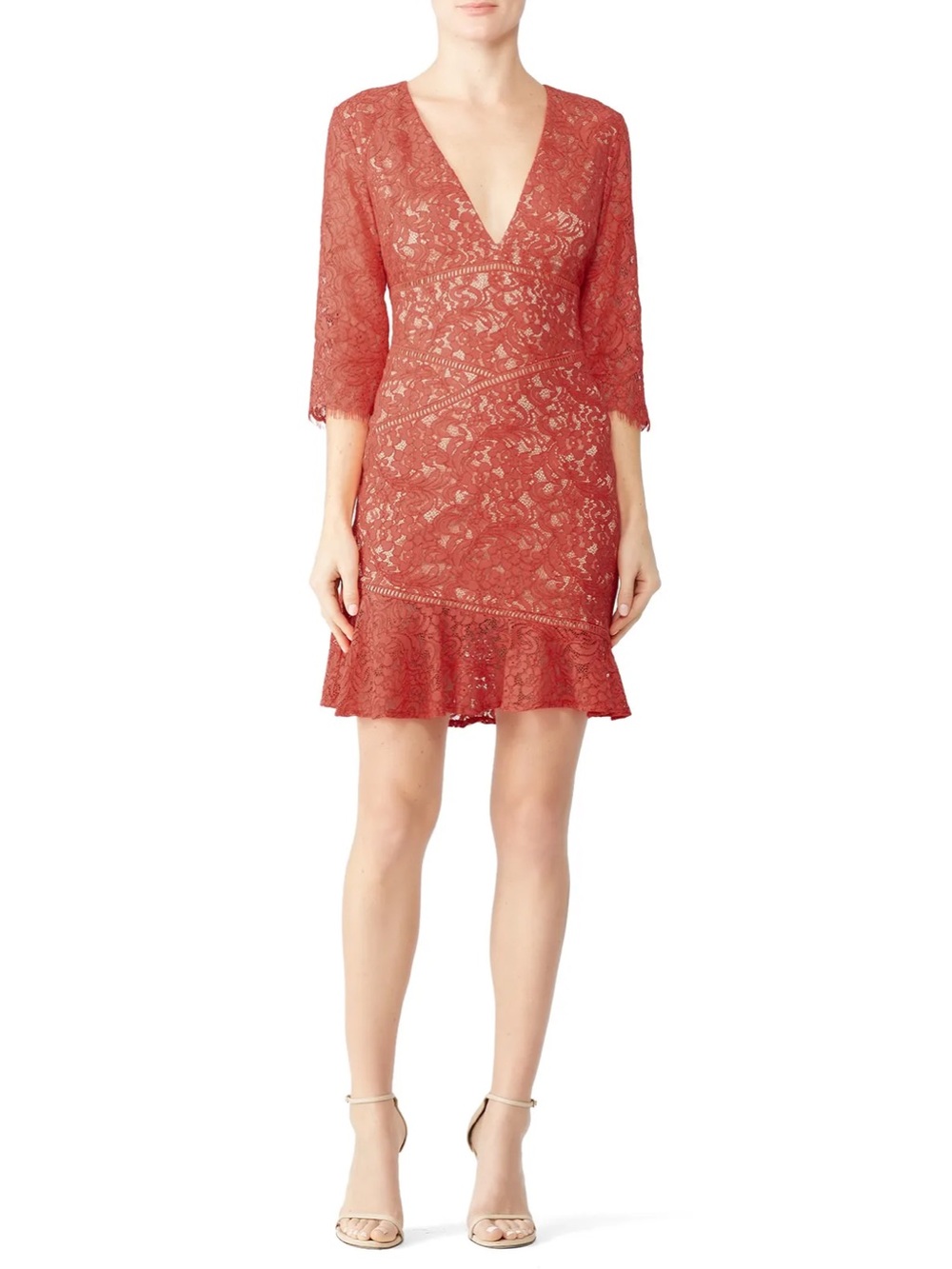 Stylestalker Ari Red Lace V Neck Half Sleeve Sheath Mini Dress Size Small RTR
